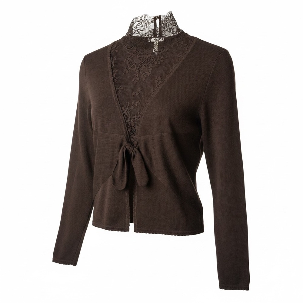 Vintage Valentino Brown Knit Lace Mock Neck Tie Front Long Sleeve Top Chocolate